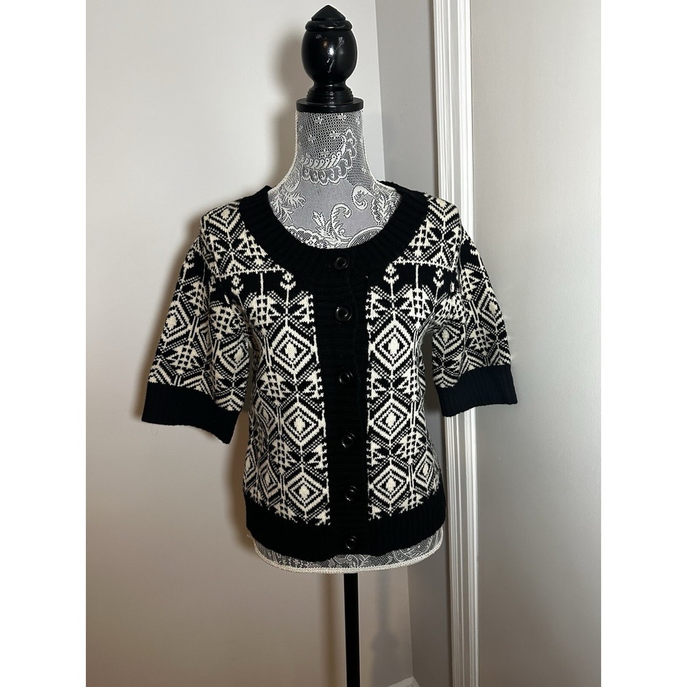Jillian Jones Geometric Abstract Short Sleeve Sweater Sz: S Black White Wool